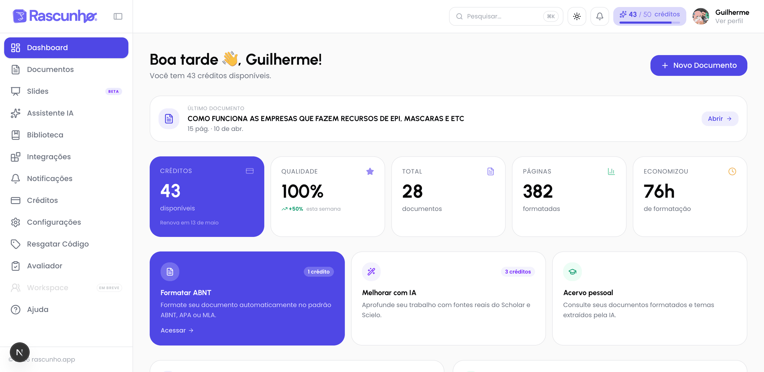 Dashboard do Rascunho.app