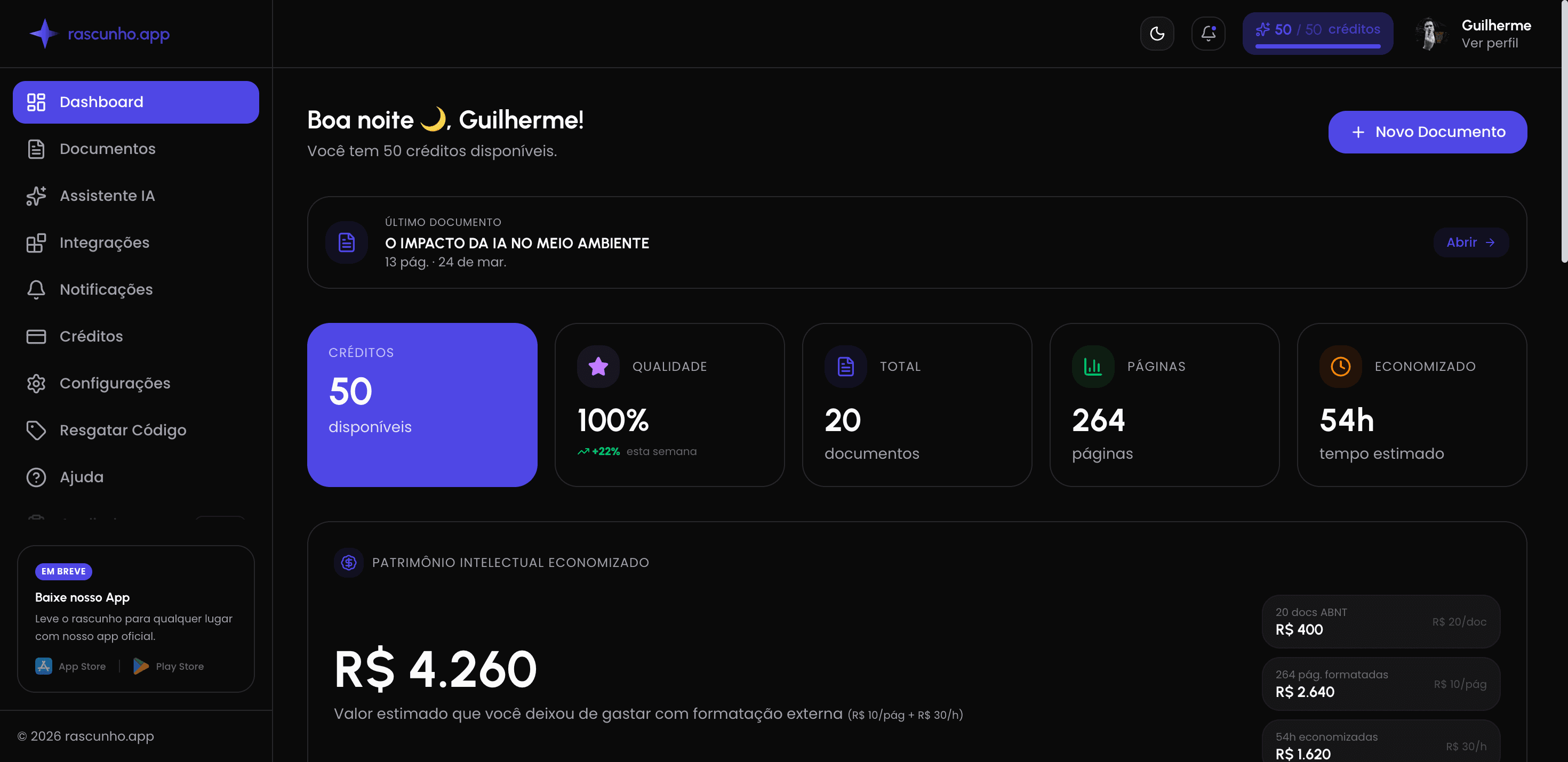 Dashboard do Rascunho.app